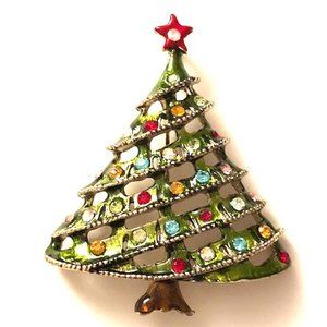 CHRISTMAS TREE PIN, GREEN ENAMEL WITH MUTI COLOR C